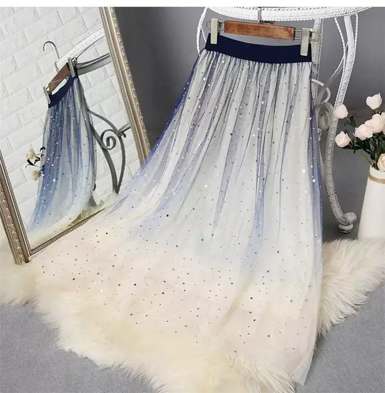 Pink Sequin Starry Sky Mesh Skirt Women's 2025 Spring — feature 6