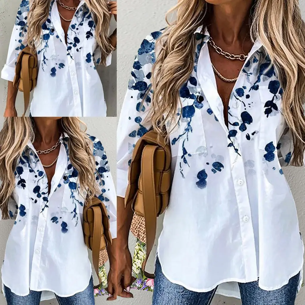Women's 3D Printed Lapel Shirt White Blue Floral - Image 3