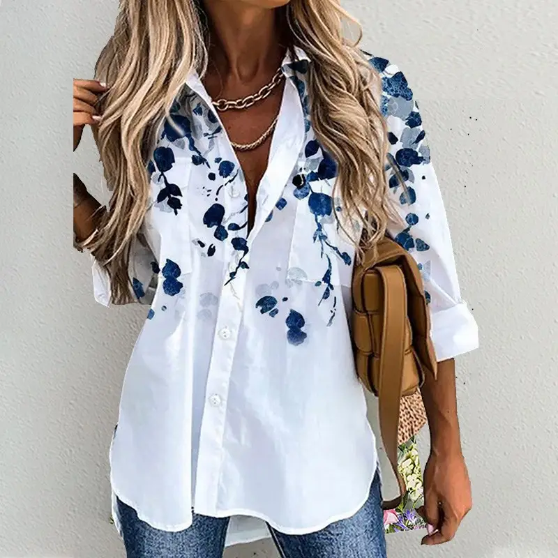 Women's 3D Printed Lapel Shirt White Blue Floral - Image 4