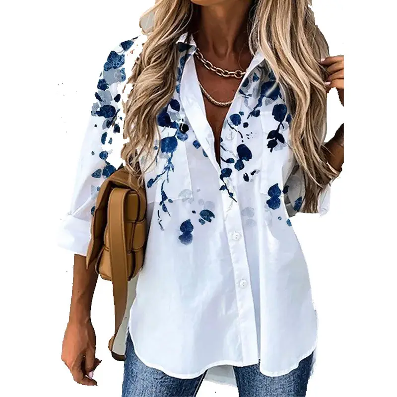 Women's 3D Printed Lapel Shirt White Blue Floral - Image 5