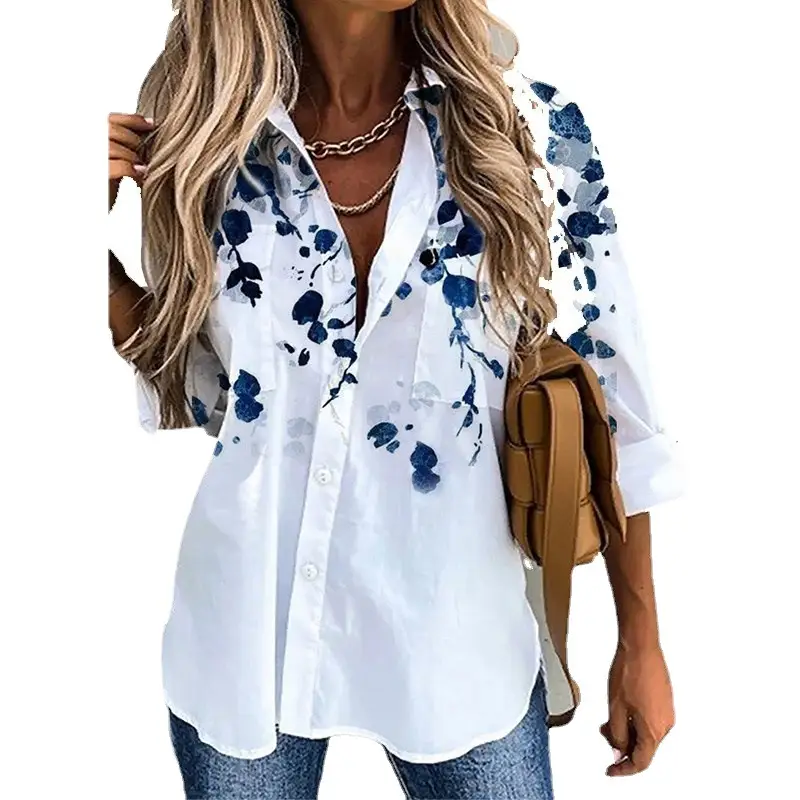 Women's 3D Printed Lapel Shirt White Blue Floral - Image 6