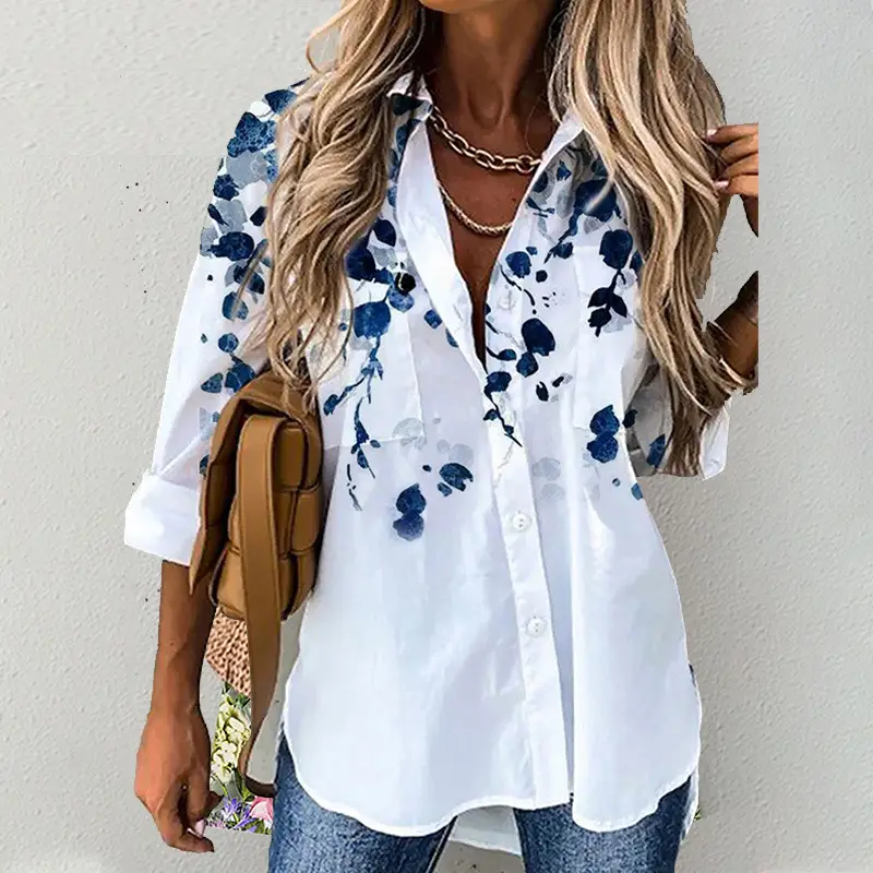 Women's 3D Printed Lapel Shirt White Blue Floral — feature 8