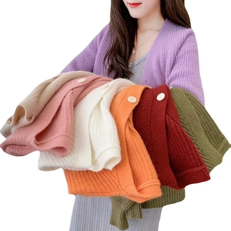 Women's Knitted Cardigan Sweater Beige Loose Fit Winter Jacket - Image 14