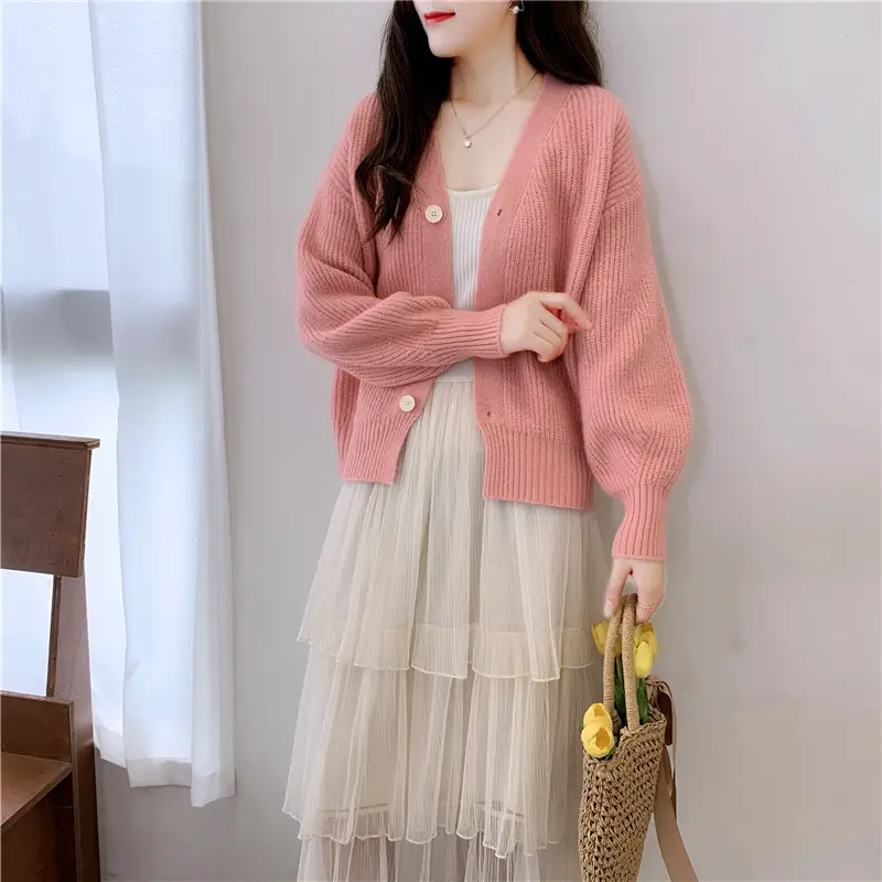 Women's Knitted Cardigan Sweater Beige Loose Fit Winter Jacket — feature 18
