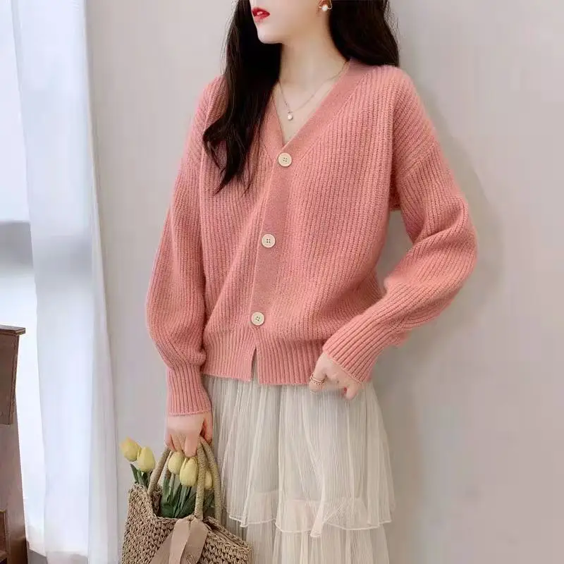 Women's Knitted Cardigan Sweater Beige Loose Fit Winter Jacket - Image 2