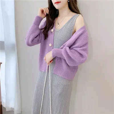Women's Knitted Cardigan Sweater Beige Loose Fit Winter Jacket - Image 4