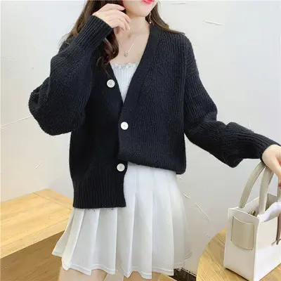 Women's Knitted Cardigan Sweater Beige Loose Fit Winter Jacket - Image 5