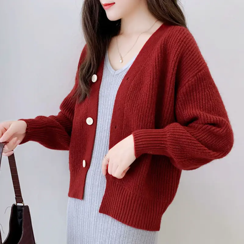 Women's Knitted Cardigan Sweater Beige Loose Fit Winter Jacket - Image 6
