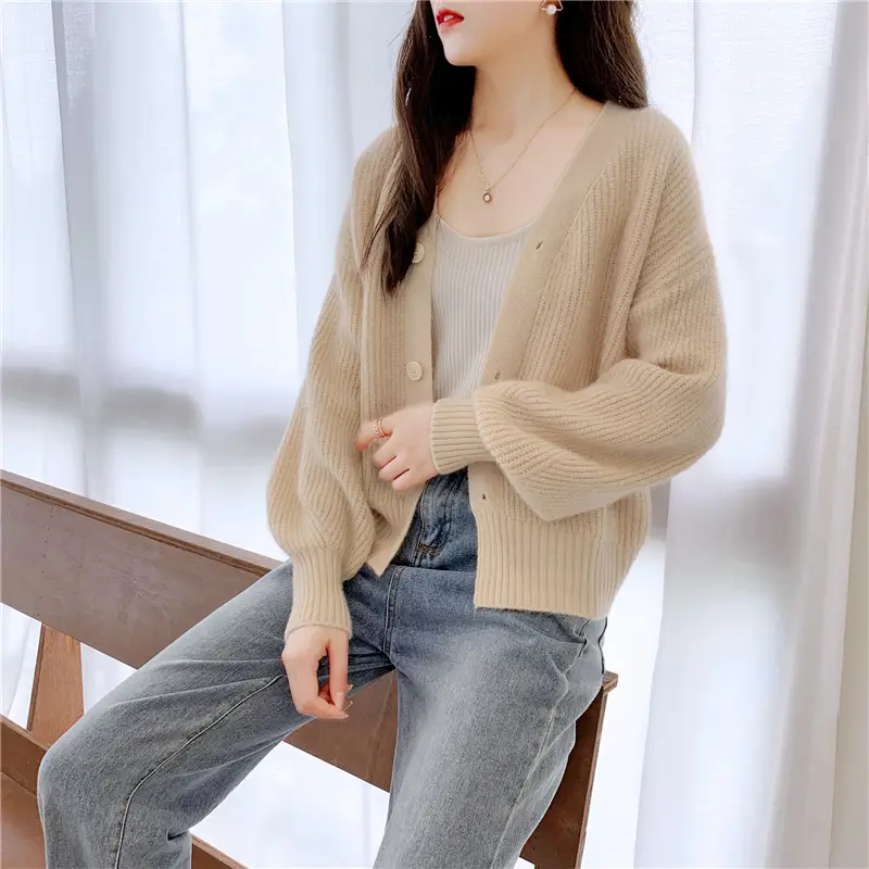 Women's Knitted Cardigan Sweater Beige Loose Fit Winter Jacket - Image 8