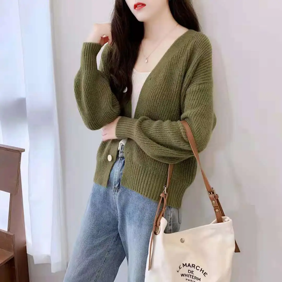 Women's Knitted Cardigan Sweater Beige Loose Fit Winter Jacket - Image 9