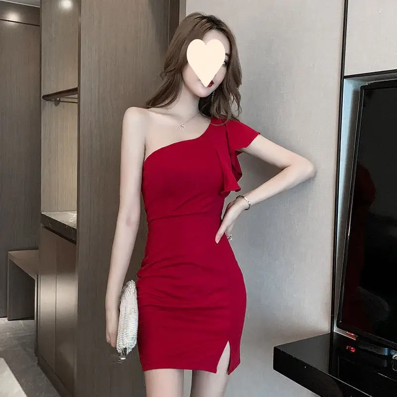 Red Slant Shoulder Dress for Women 2024 Summer - Image 5