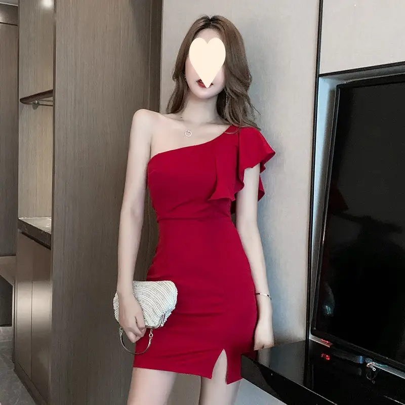 Red Slant Shoulder Dress for Women 2024 Summer - Image 6
