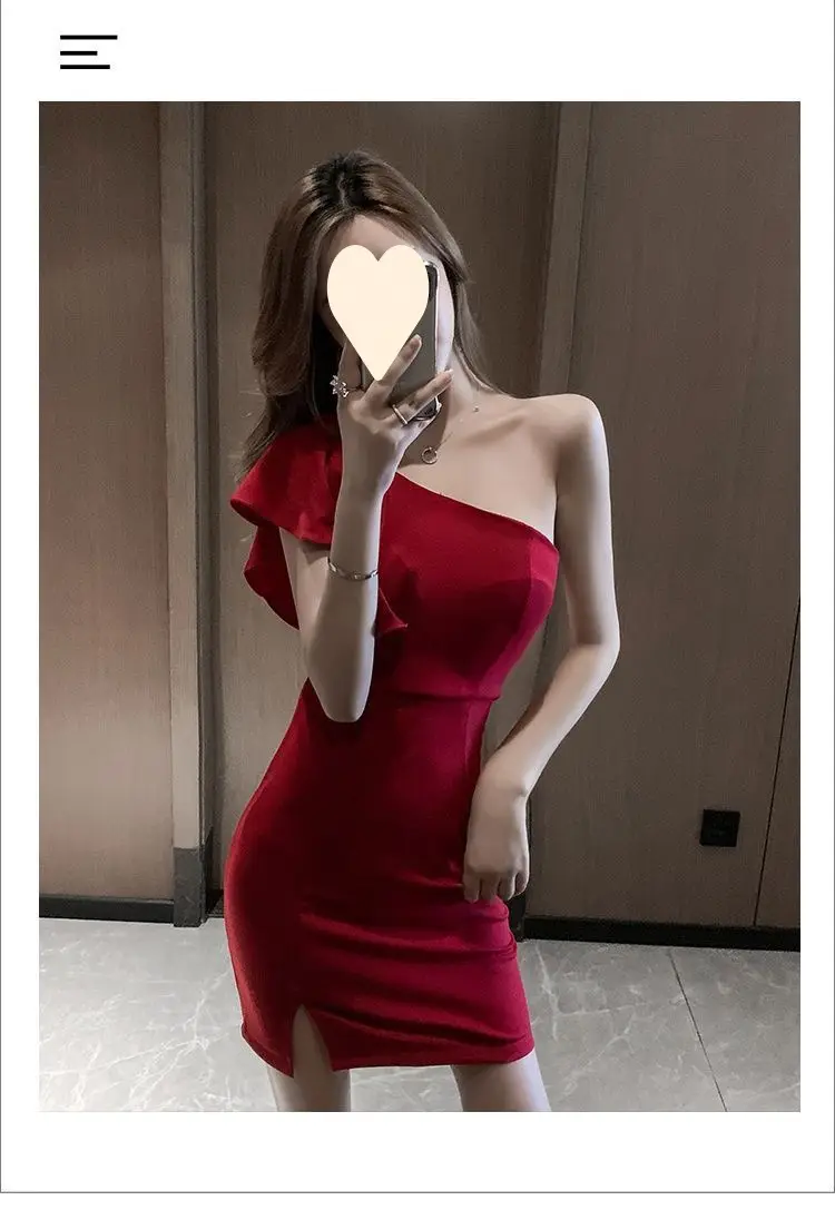 Red Slant Shoulder Dress for Women 2024 Summer — feature 10