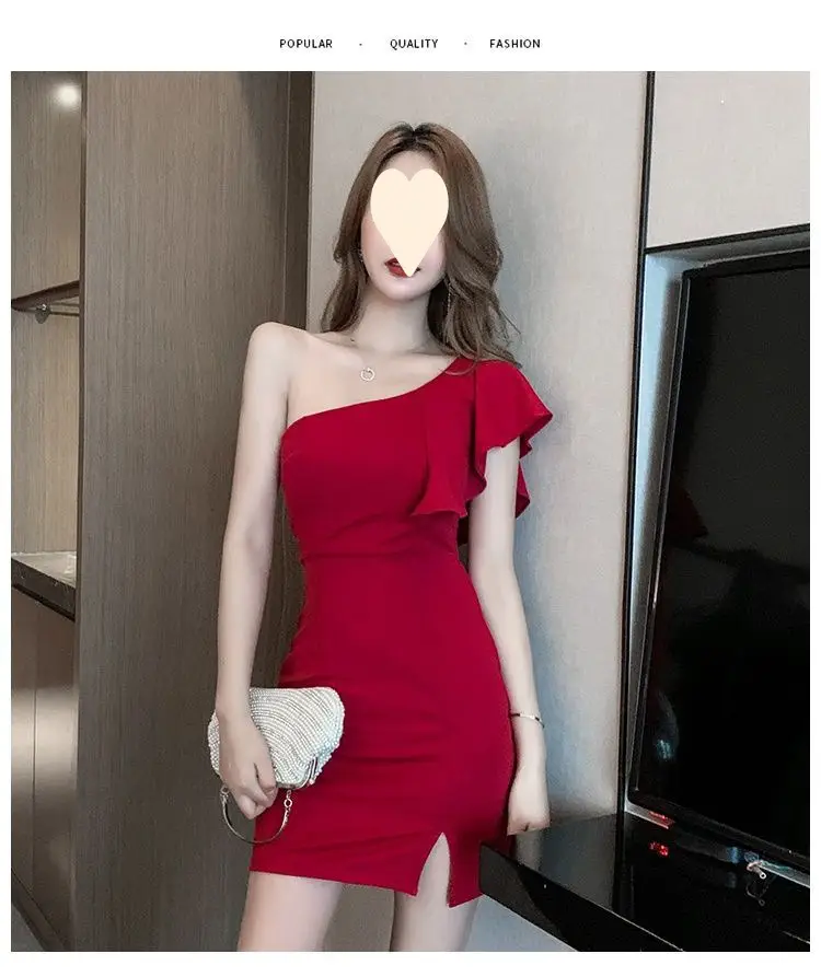 Red Slant Shoulder Dress for Women 2024 Summer — feature 11
