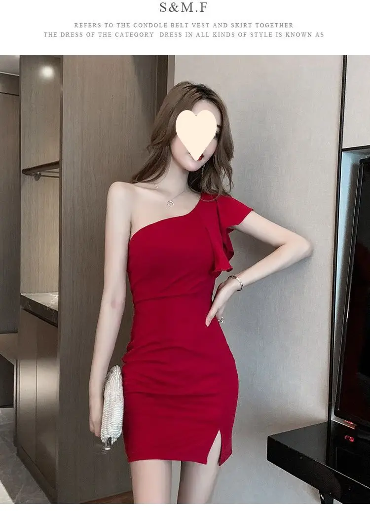 Red Slant Shoulder Dress for Women 2024 Summer — feature 12