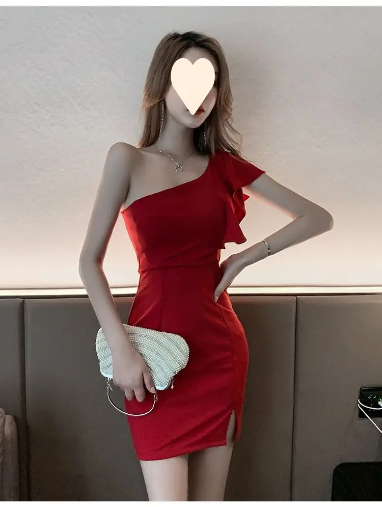 Red Slant Shoulder Dress for Women 2024 Summer — feature 14