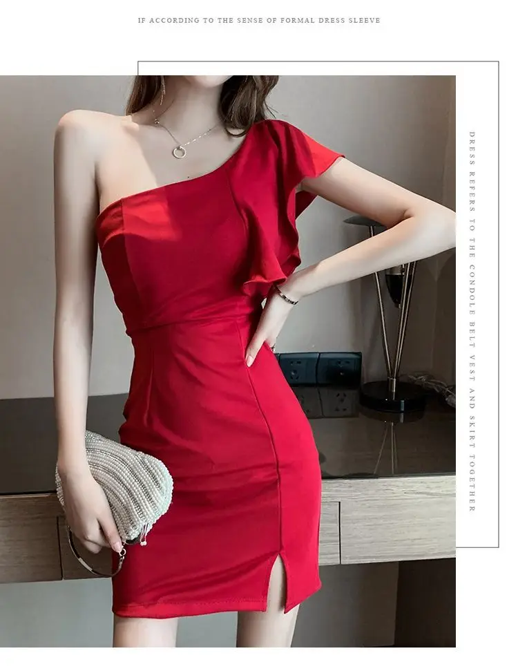 Red Slant Shoulder Dress for Women 2024 Summer — feature 15
