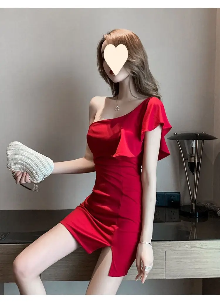 Red Slant Shoulder Dress for Women 2024 Summer — feature 16