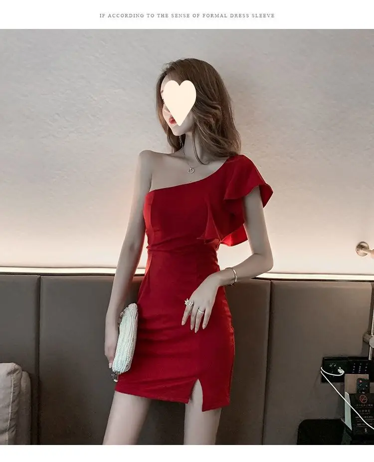 Red Slant Shoulder Dress for Women 2024 Summer — feature 8