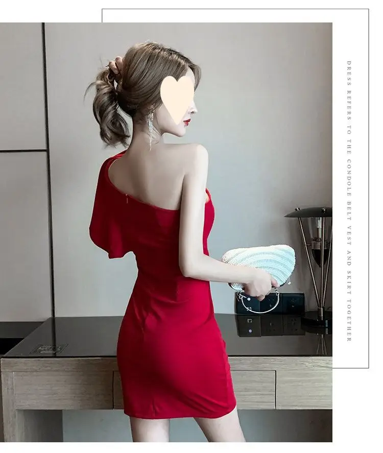 Red Slant Shoulder Dress for Women 2024 Summer — feature 9