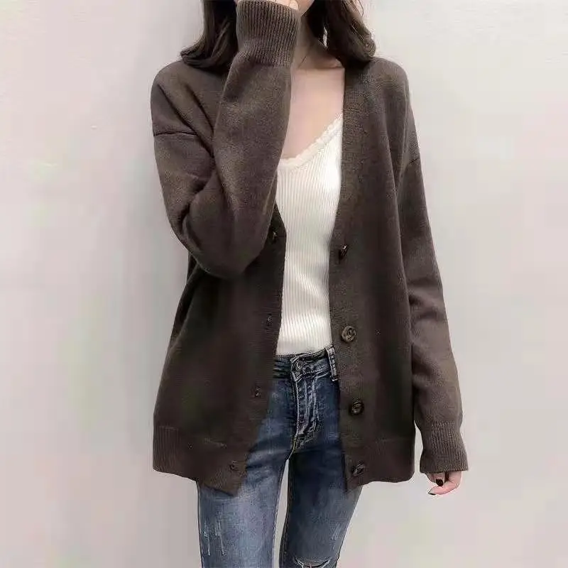 Women Grey Knitted V-Neck Cardigan Jacket 2024