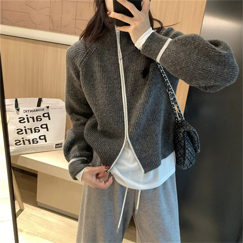 Women Grey Knitted V-Neck Cardigan Jacket 2024 — feature 11