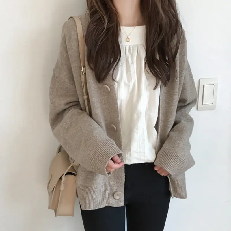 Women Grey Knitted V-Neck Cardigan Jacket 2024