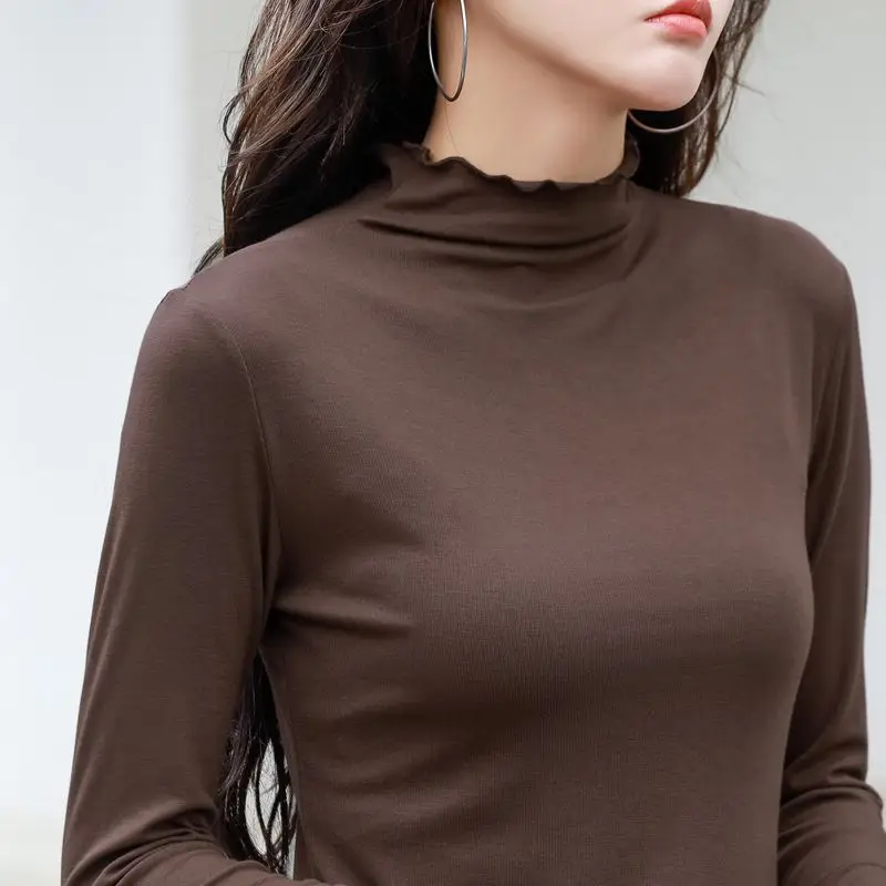 Women's Brown Half-High Collar T-Shirt Modal - Image 6