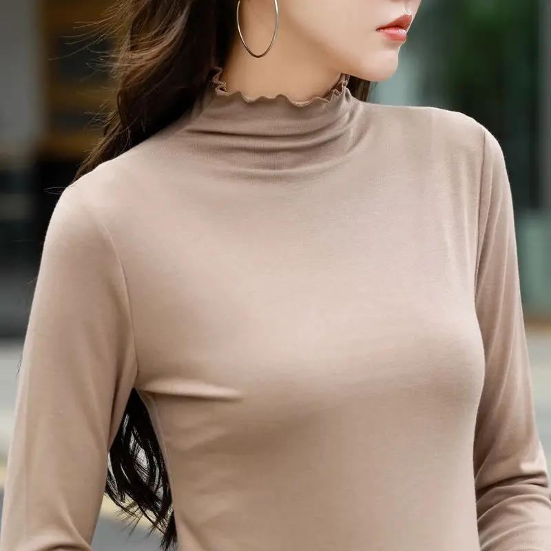Women's Brown Half-High Collar T-Shirt Modal - Image 3