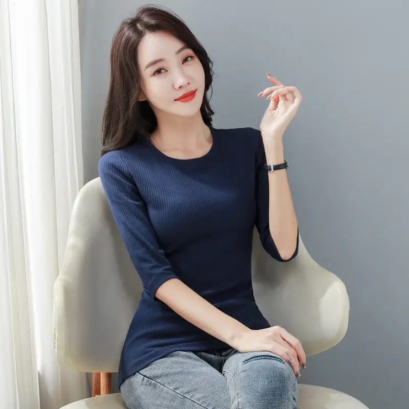 Women Cotton Crew Neck Sleeve Shirt Blue Slim Fit - Image 5