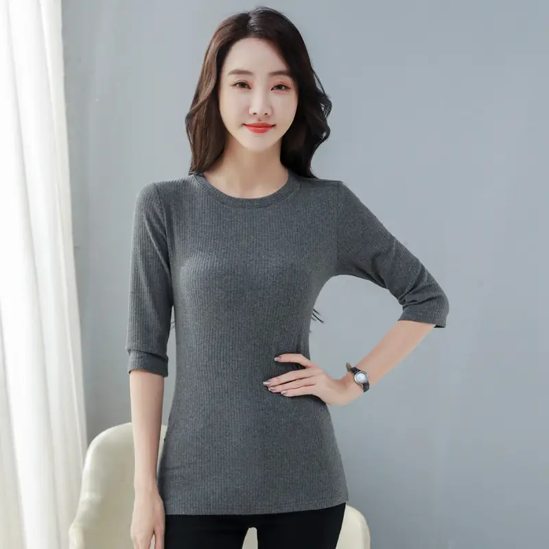 Women Cotton Crew Neck Sleeve Shirt Blue Slim Fit - Image 3