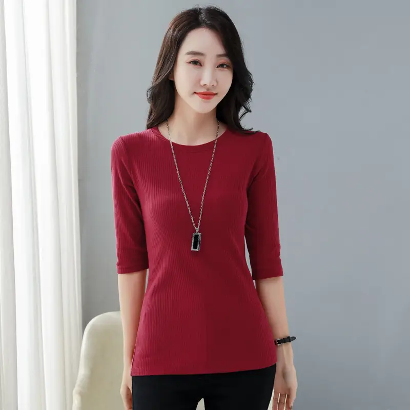 Women Cotton Crew Neck Sleeve Shirt Blue Slim Fit - Image 4