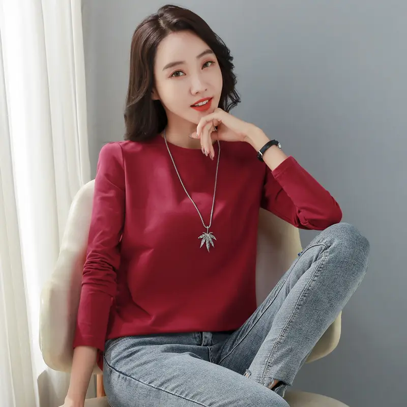Women Red Hair Crew Neck Long Sleeve T-Shirt 95 Cotton