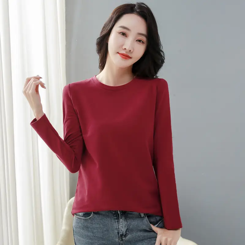 Women Red Hair Crew Neck Long Sleeve T-Shirt 95 Cotton