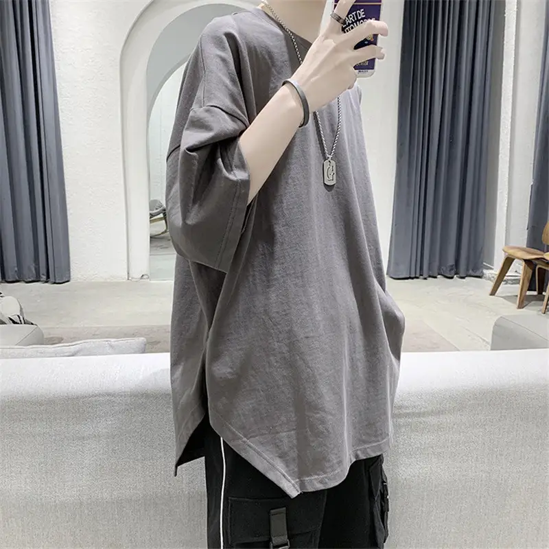 Men Korean Style Slit T-Shirt Grey Loose Fit - Image 4