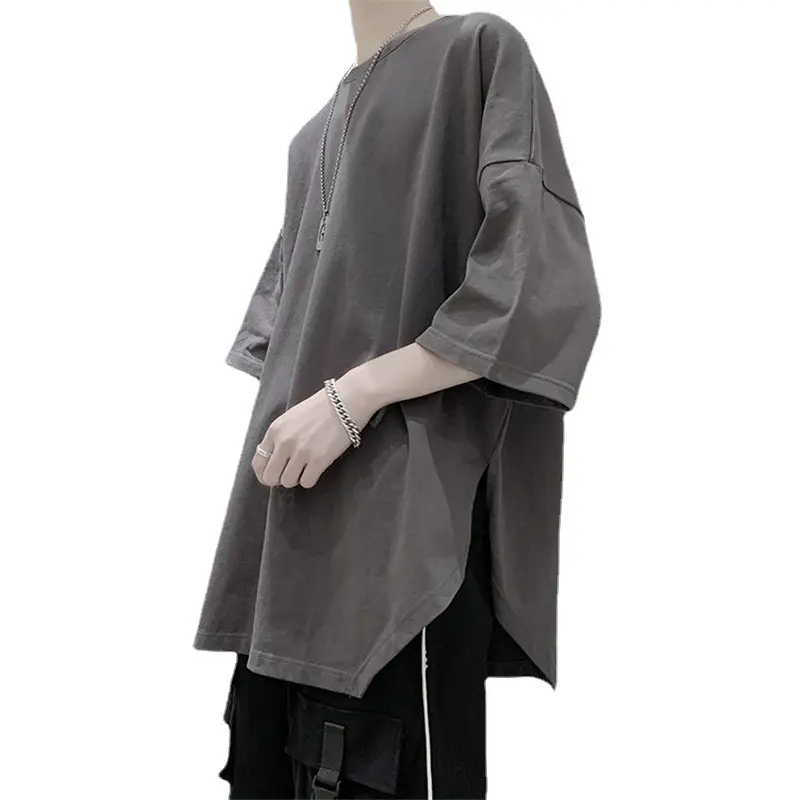 Men Korean Style Slit T-Shirt Grey Loose Fit - Image 5