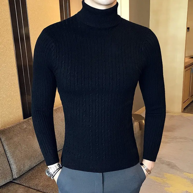 Men Maroon Knitted Turtleneck Sweater Fall Winter - Image 2