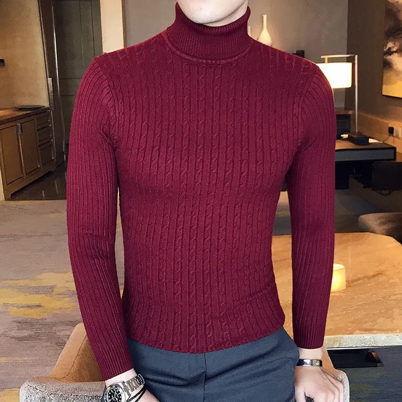 Men Maroon Knitted Turtleneck Sweater Fall Winter - Image 3