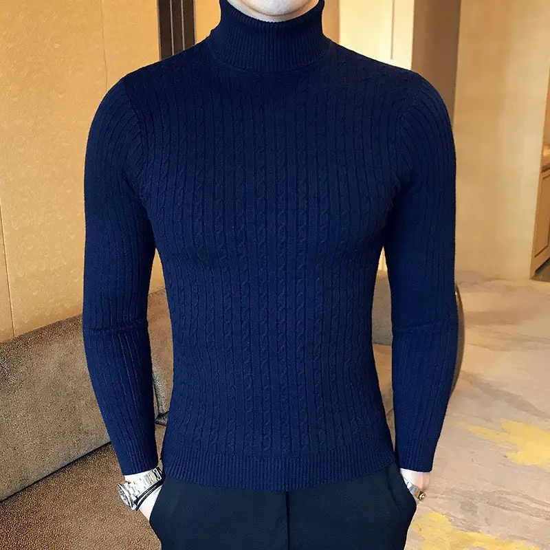 Men Maroon Knitted Turtleneck Sweater Fall Winter - Image 4