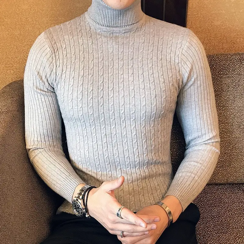 Men Maroon Knitted Turtleneck Sweater Fall Winter - Image 5