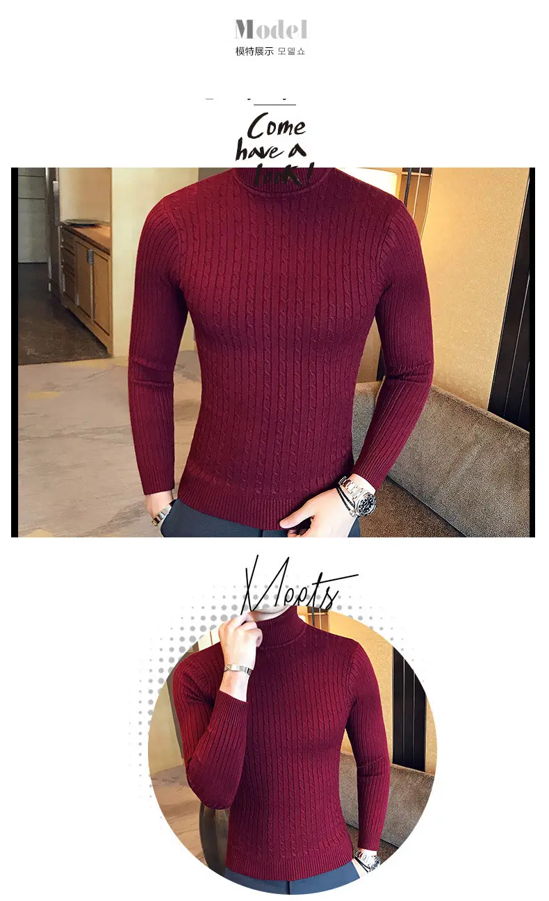 Men Maroon Knitted Turtleneck Sweater Fall Winter — feature 3