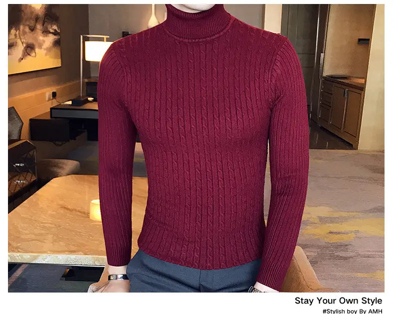Men Maroon Knitted Turtleneck Sweater Fall Winter — feature 6