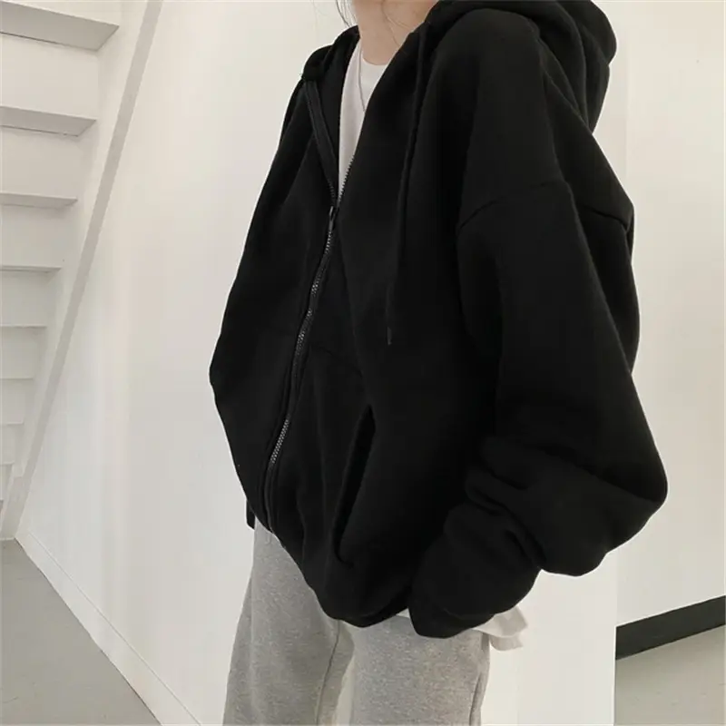 Black Zipper Hooded Fleece Jacket for Women