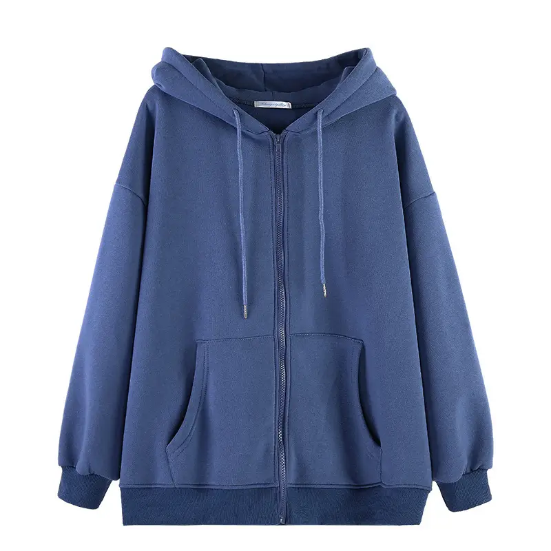 Black Zipper Hooded Fleece Jacket for Women
