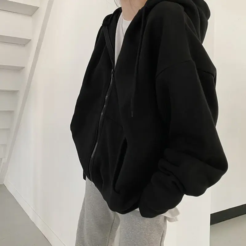 Black Zipper Hooded Fleece Jacket for Women