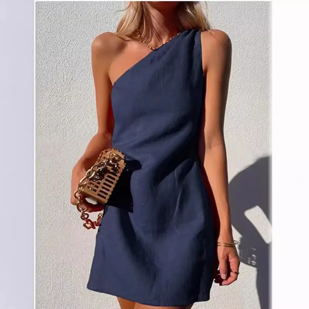 One Shoulder One Piece Dress Blue Slim Fit - Image 9