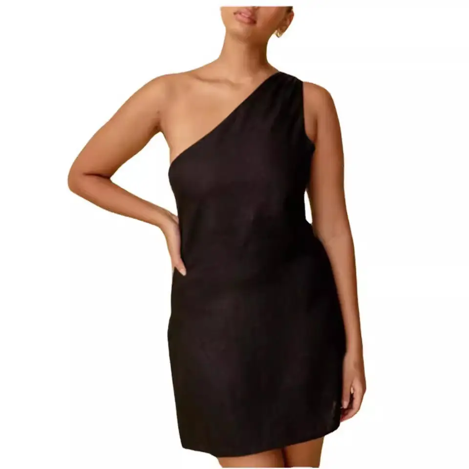 One Shoulder One Piece Dress Blue Slim Fit - Image 12