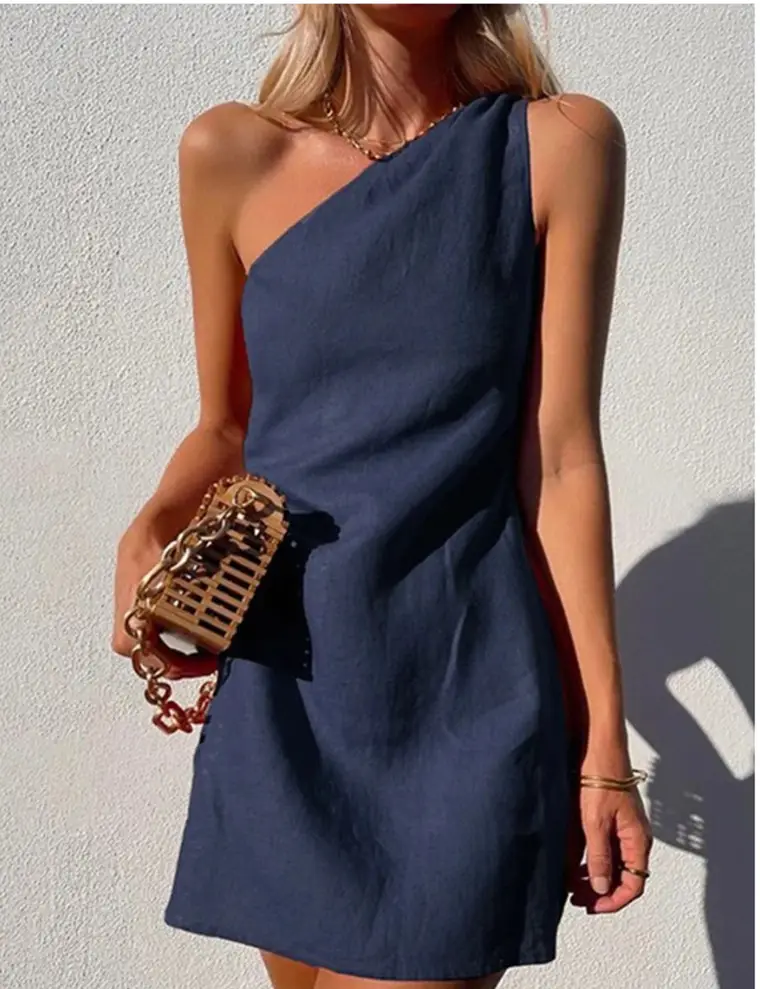 One Shoulder One Piece Dress Blue Slim Fit - Image 4