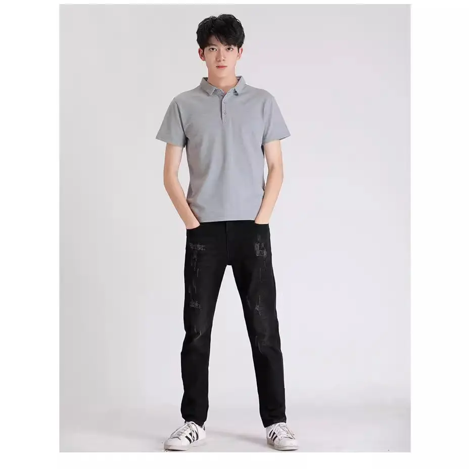 Men's Grey Short Sleeve Pure Cotton Polo T-Shirt - Image 3