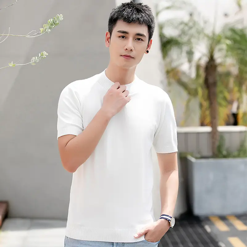 Men's White Thin Half-Turtleneck Knit Sweater